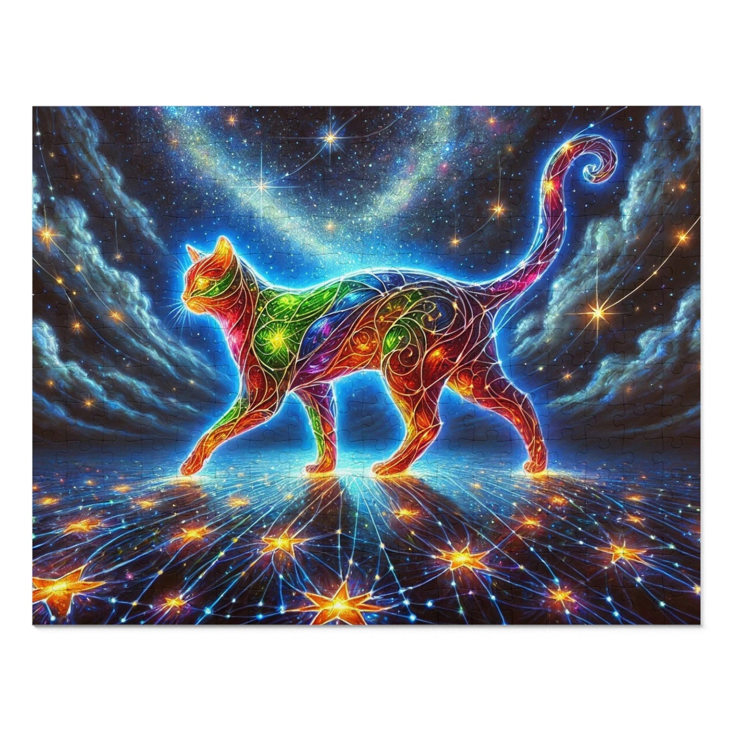 The Celestial Weaver: A Stained-Glass Cat Dancing Through the Stars