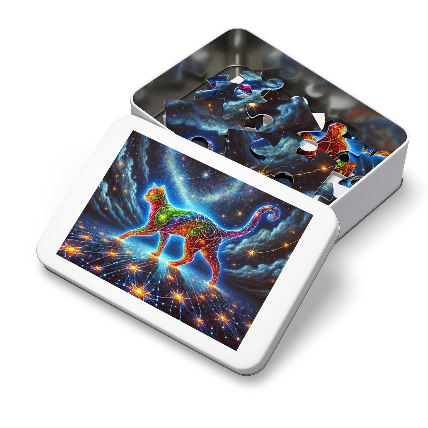 The Celestial Weaver: A Stained-Glass Cat Dancing Through the Stars