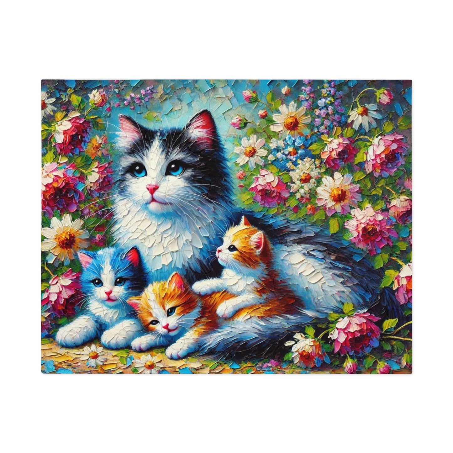 A Mother Cat and Her Kittens Snuggling in a Blooming Garden
