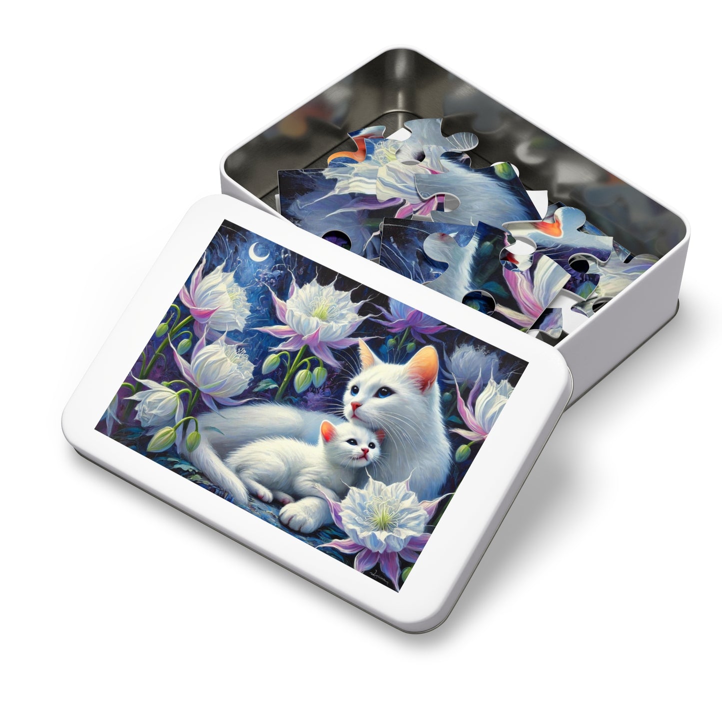 Moonlit Bond: A Family of White Cats Among Night Blooms