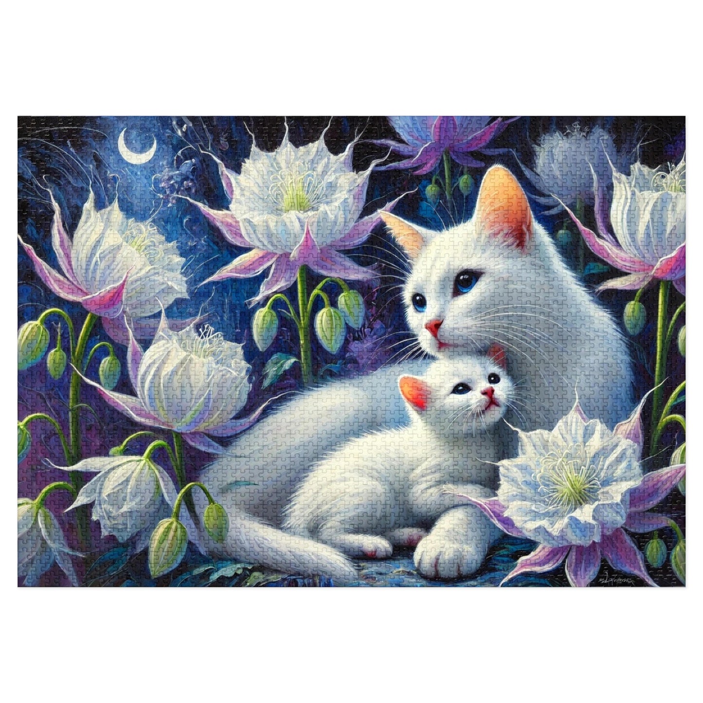 Moonlit Bond: A Family of White Cats Among Night Blooms