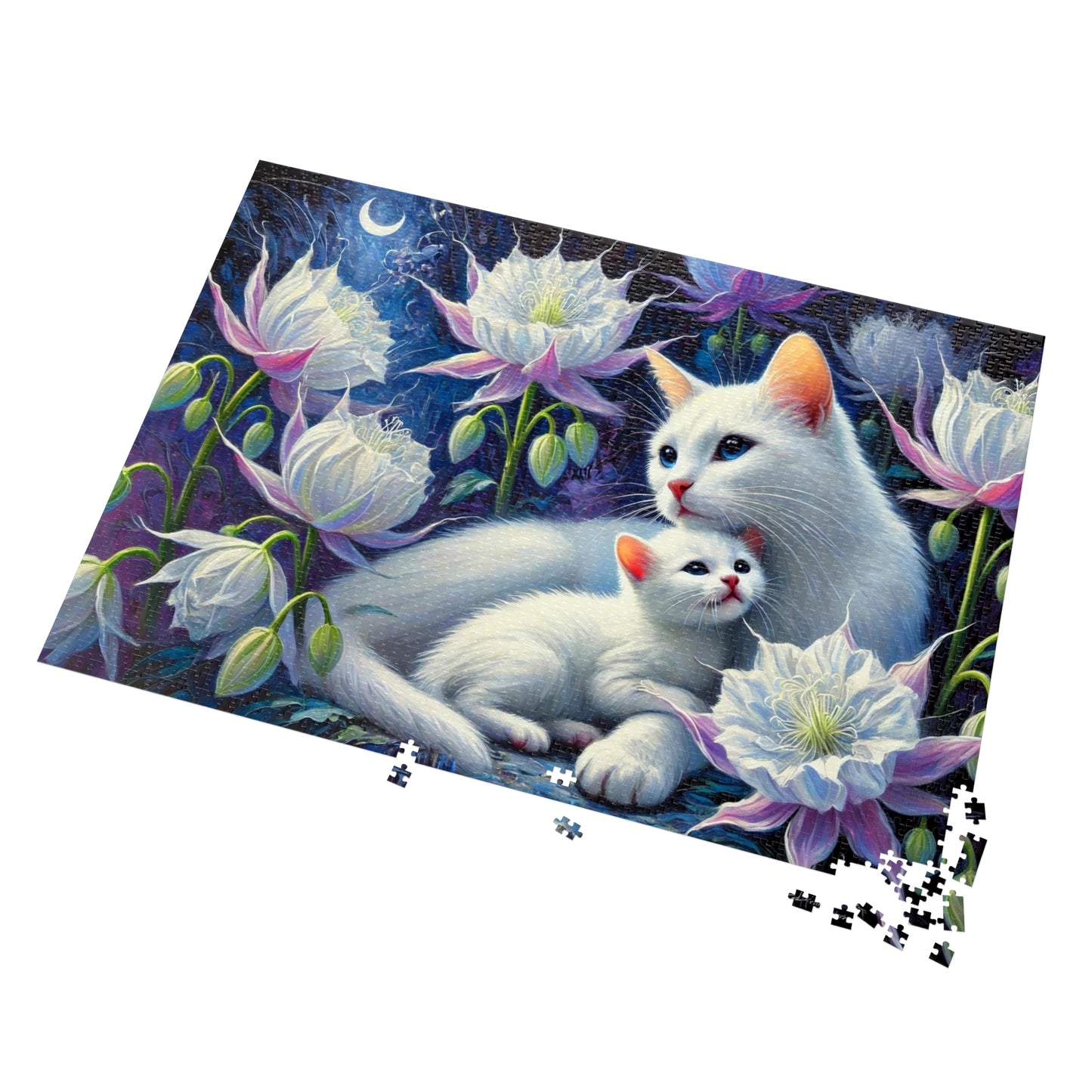 Moonlit Bond: A Family of White Cats Among Night Blooms