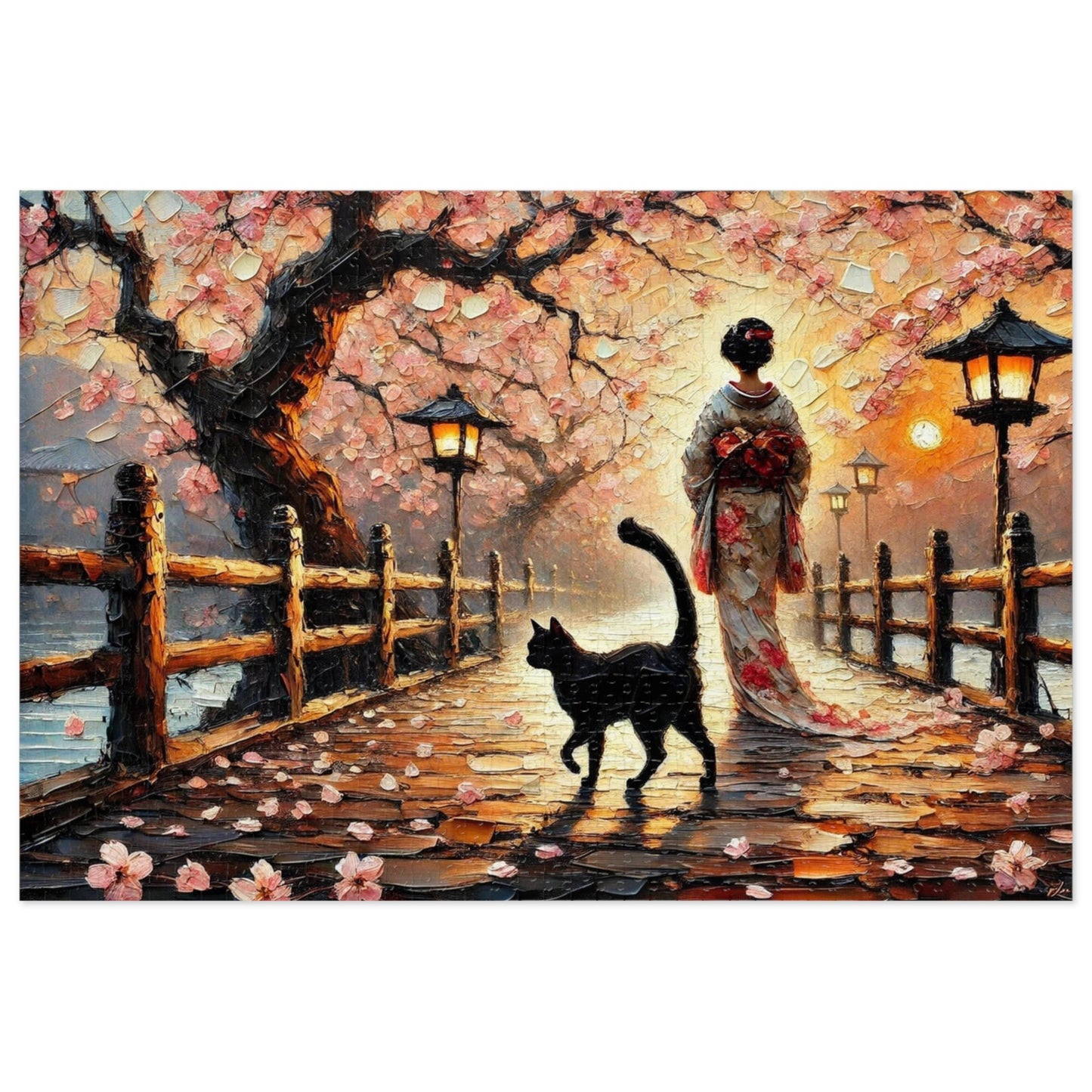 A Black Cat Strolls Along the Cherry Blossom Path