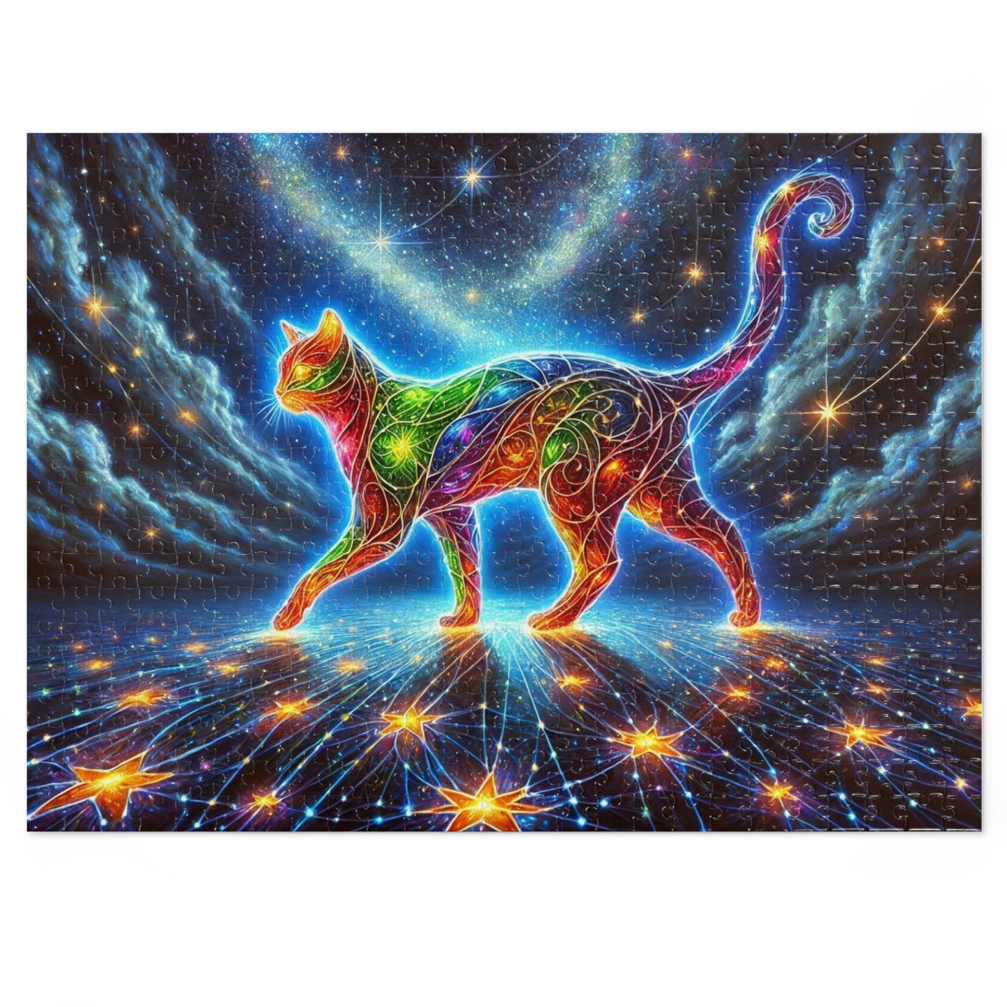 The Celestial Weaver: A Stained-Glass Cat Dancing Through the Stars