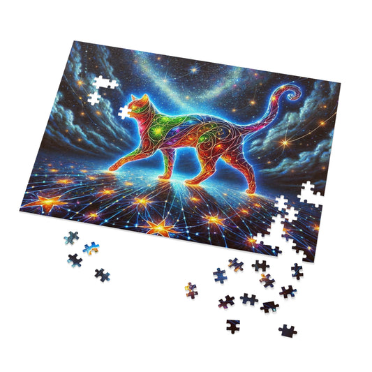 The Celestial Weaver: A Stained-Glass Cat Dancing Through the Stars