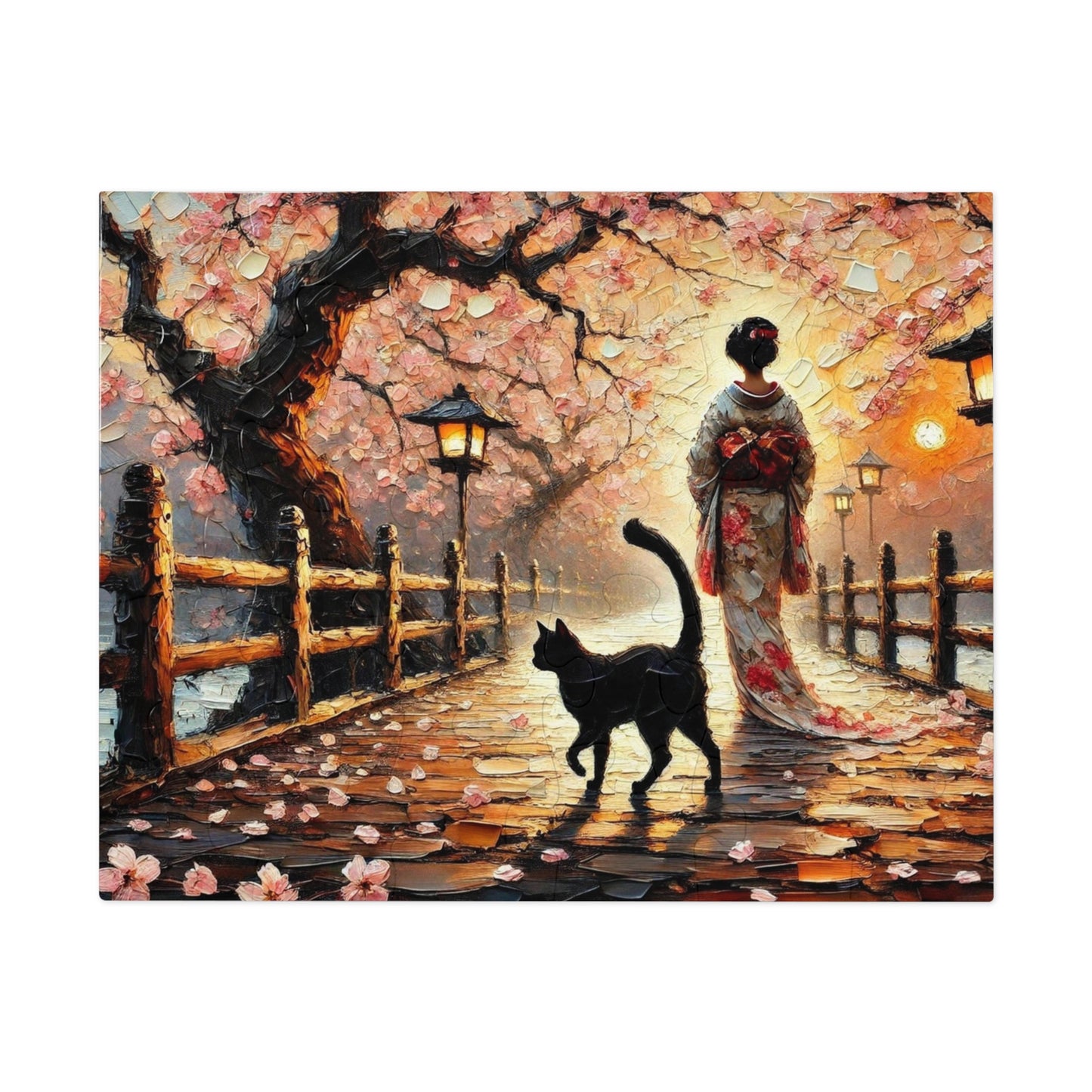 A Black Cat Strolls Along the Cherry Blossom Path