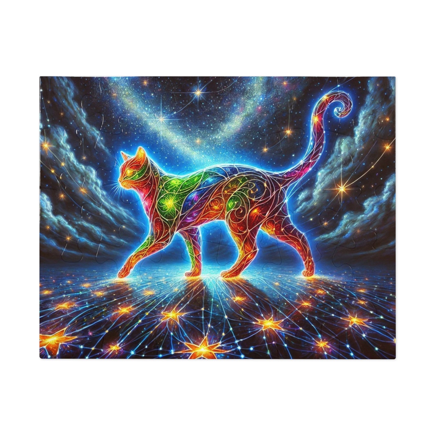 The Celestial Weaver: A Stained-Glass Cat Dancing Through the Stars