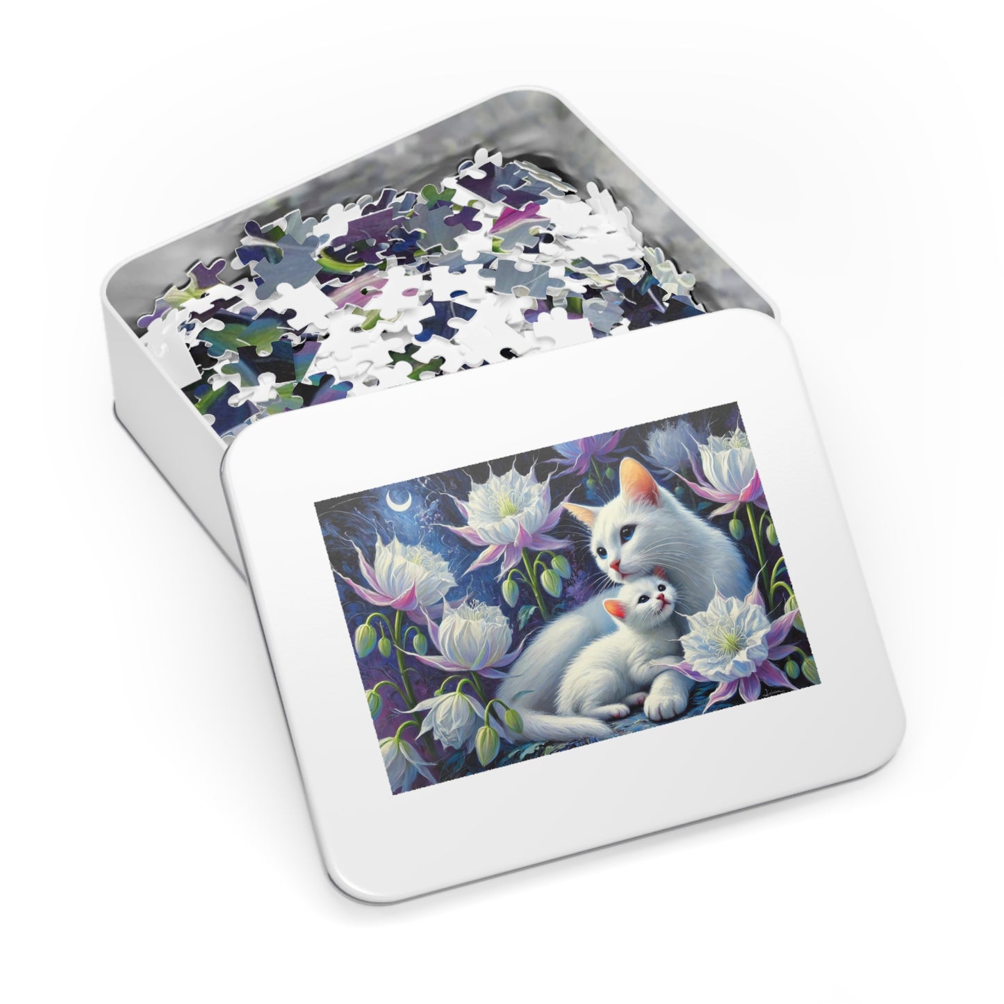 Moonlit Bond: A Family of White Cats Among Night Blooms