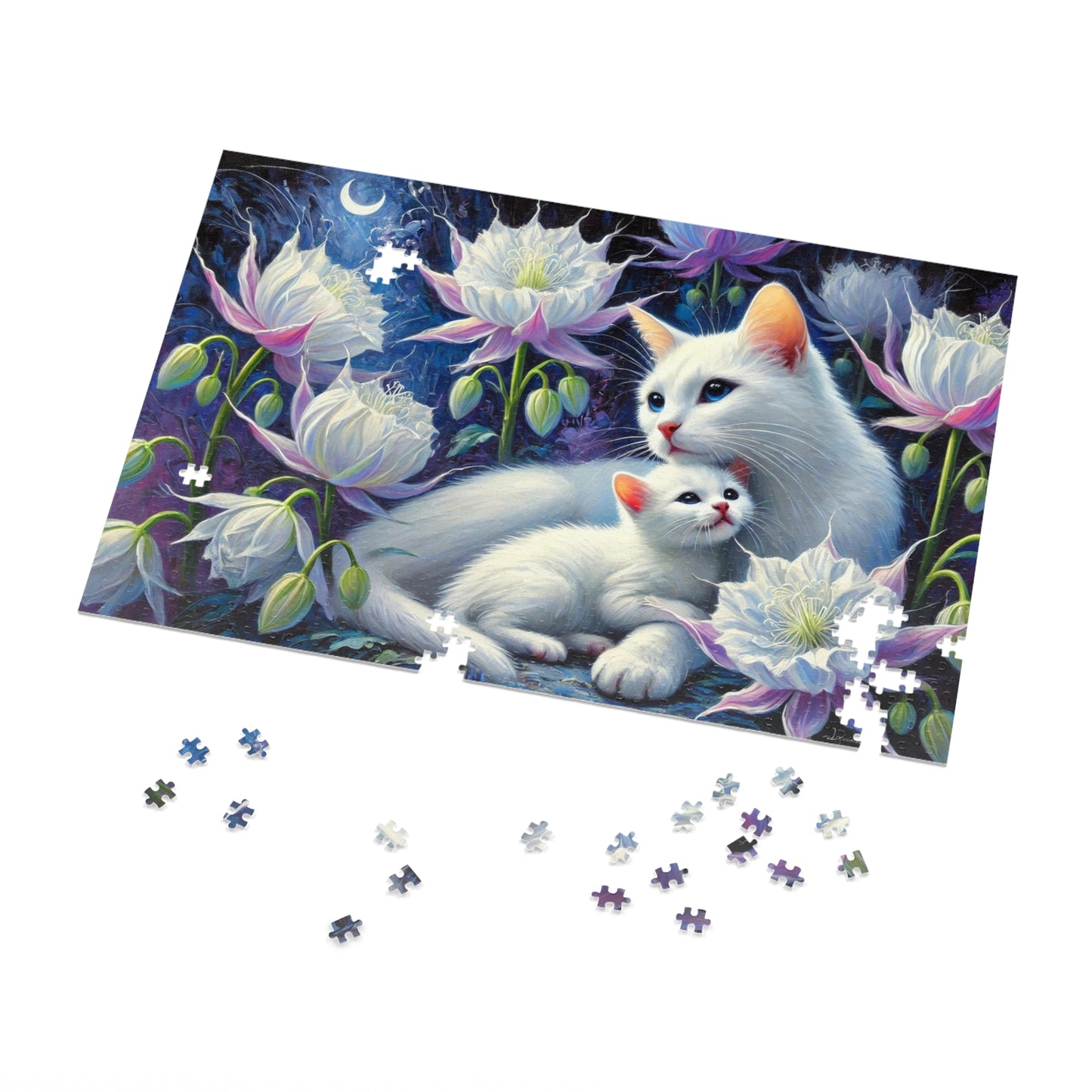 Moonlit Bond: A Family of White Cats Among Night Blooms