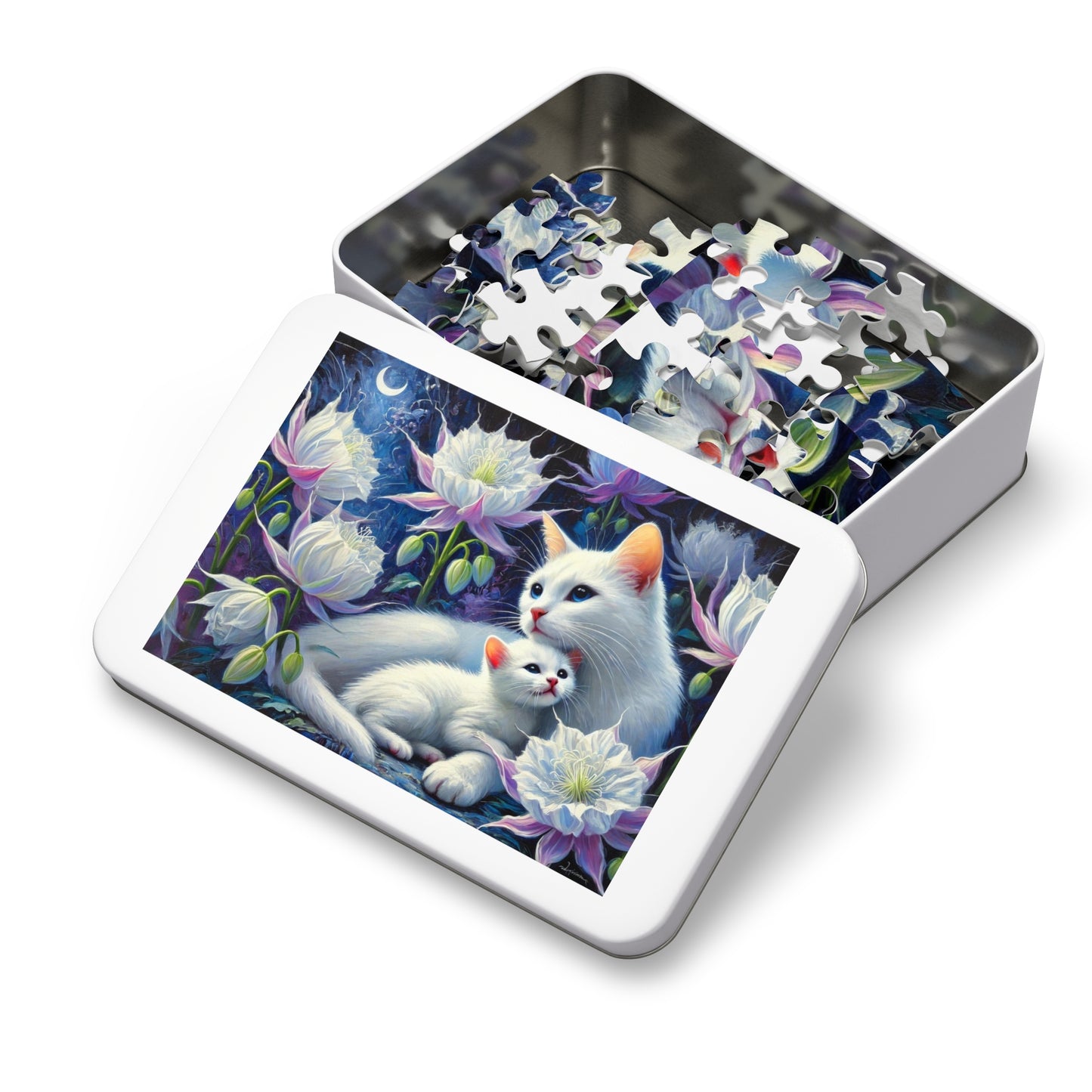 Moonlit Bond: A Family of White Cats Among Night Blooms
