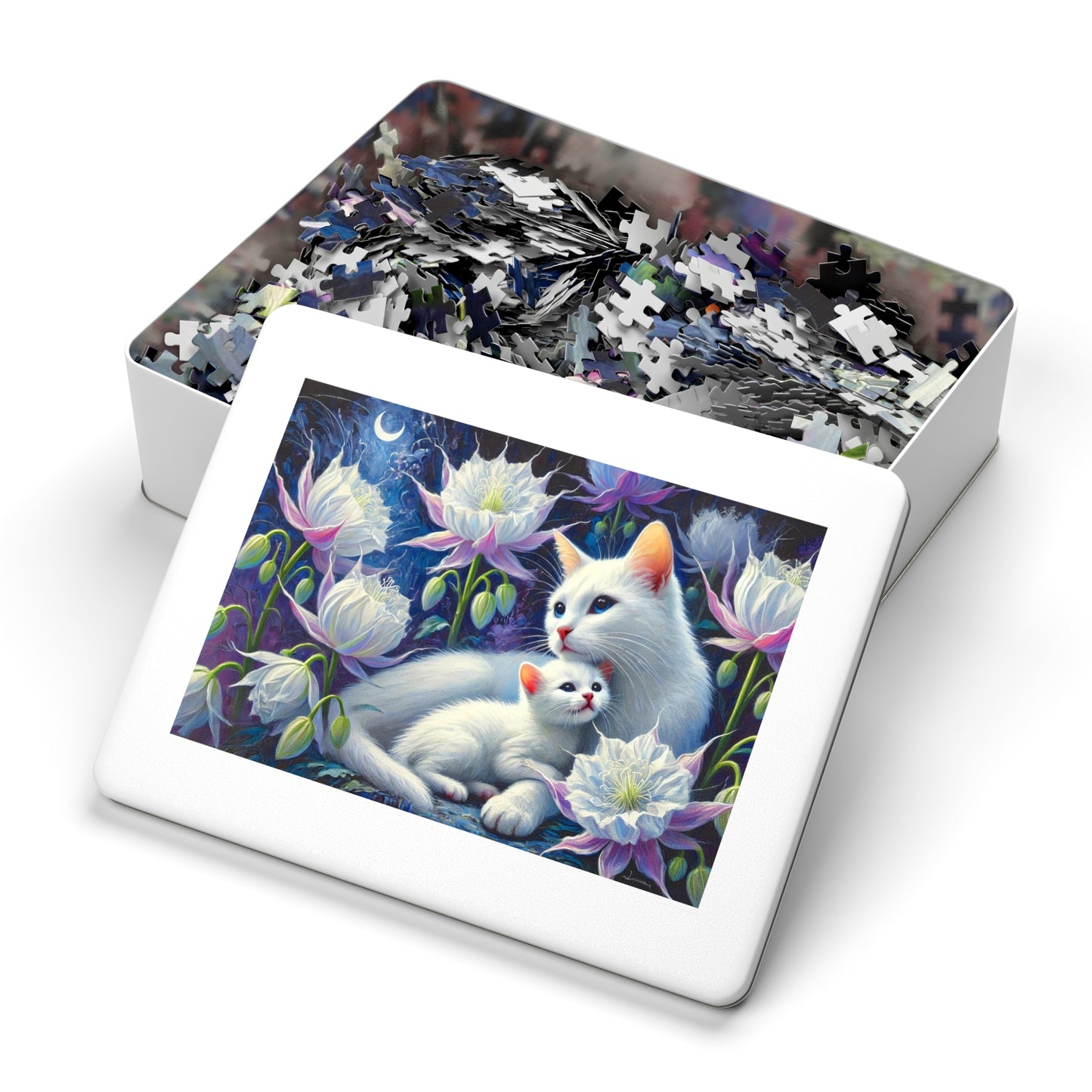 Moonlit Bond: A Family of White Cats Among Night Blooms