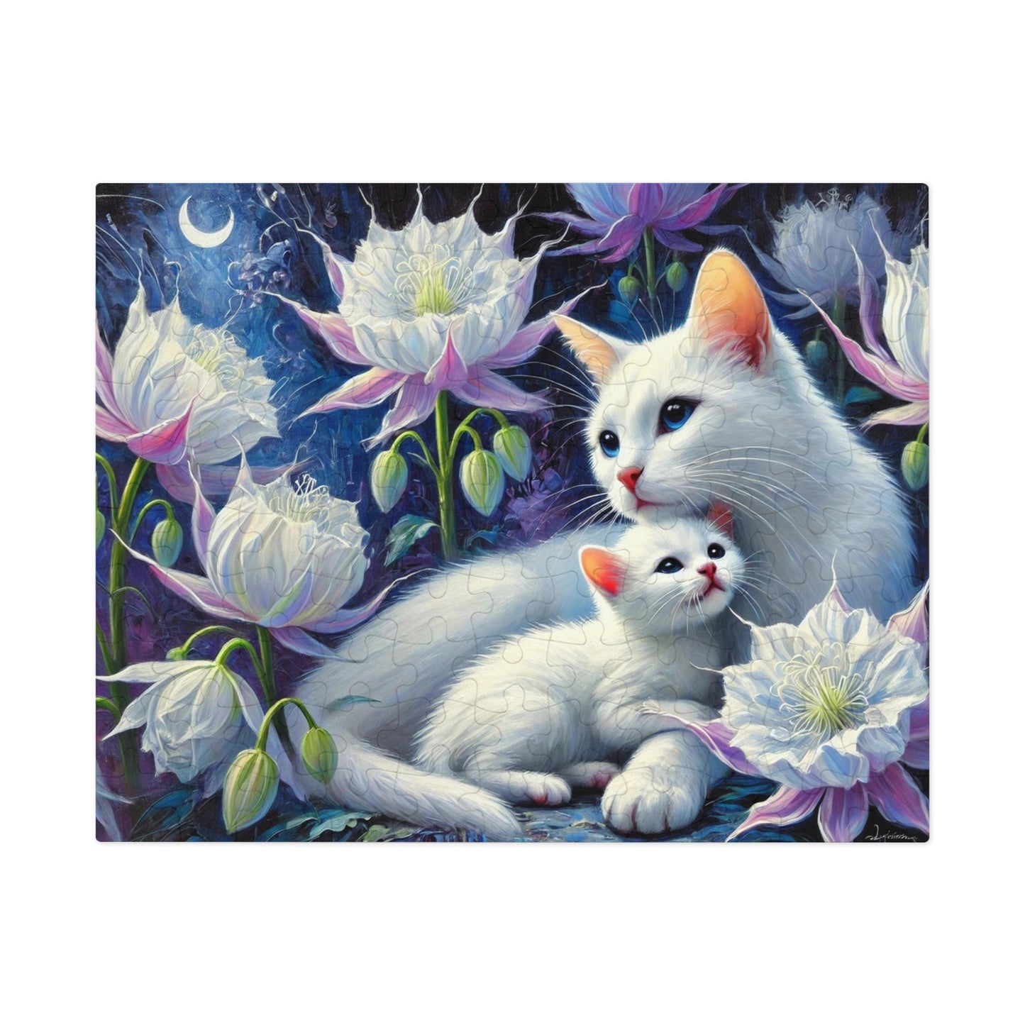 Moonlit Bond: A Family of White Cats Among Night Blooms