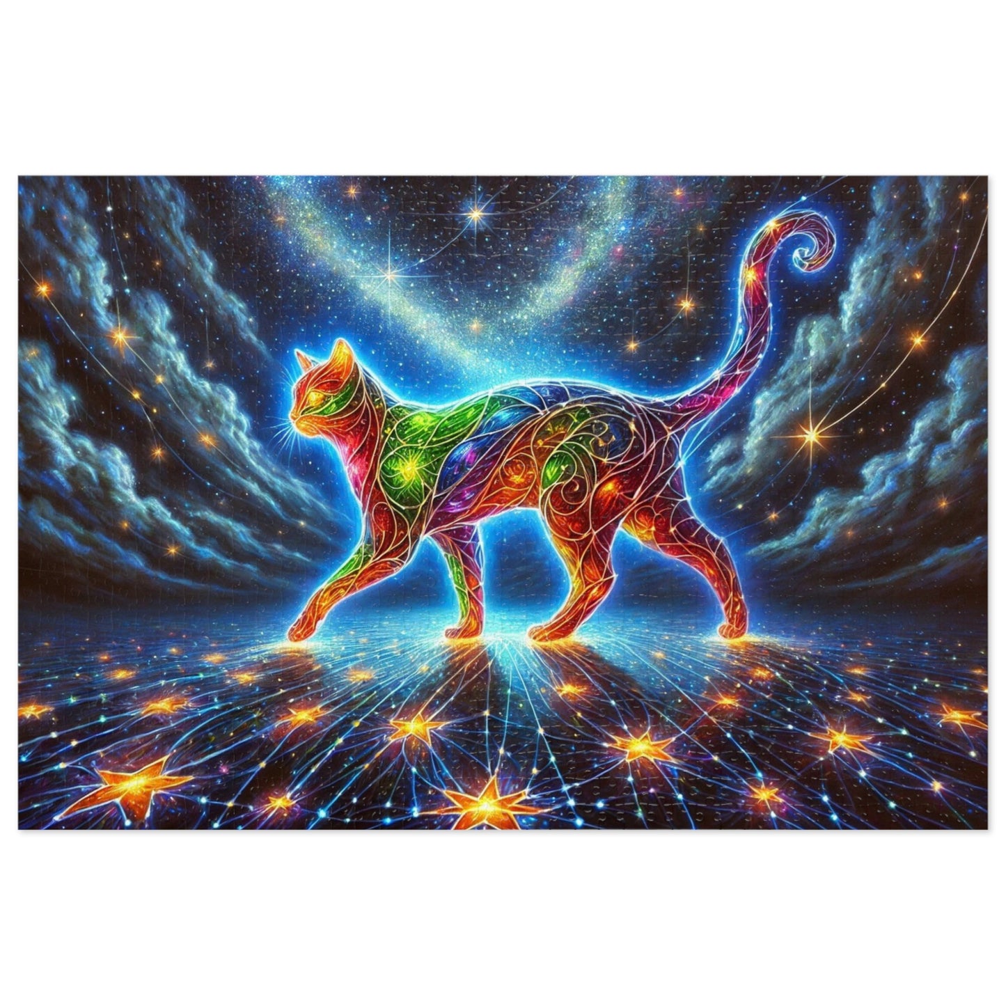 The Celestial Weaver: A Stained-Glass Cat Dancing Through the Stars