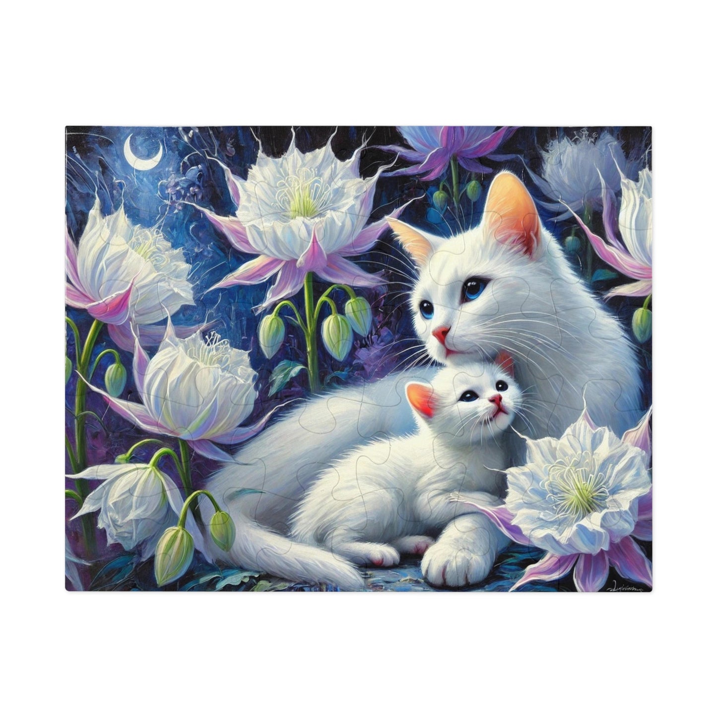 Moonlit Bond: A Family of White Cats Among Night Blooms