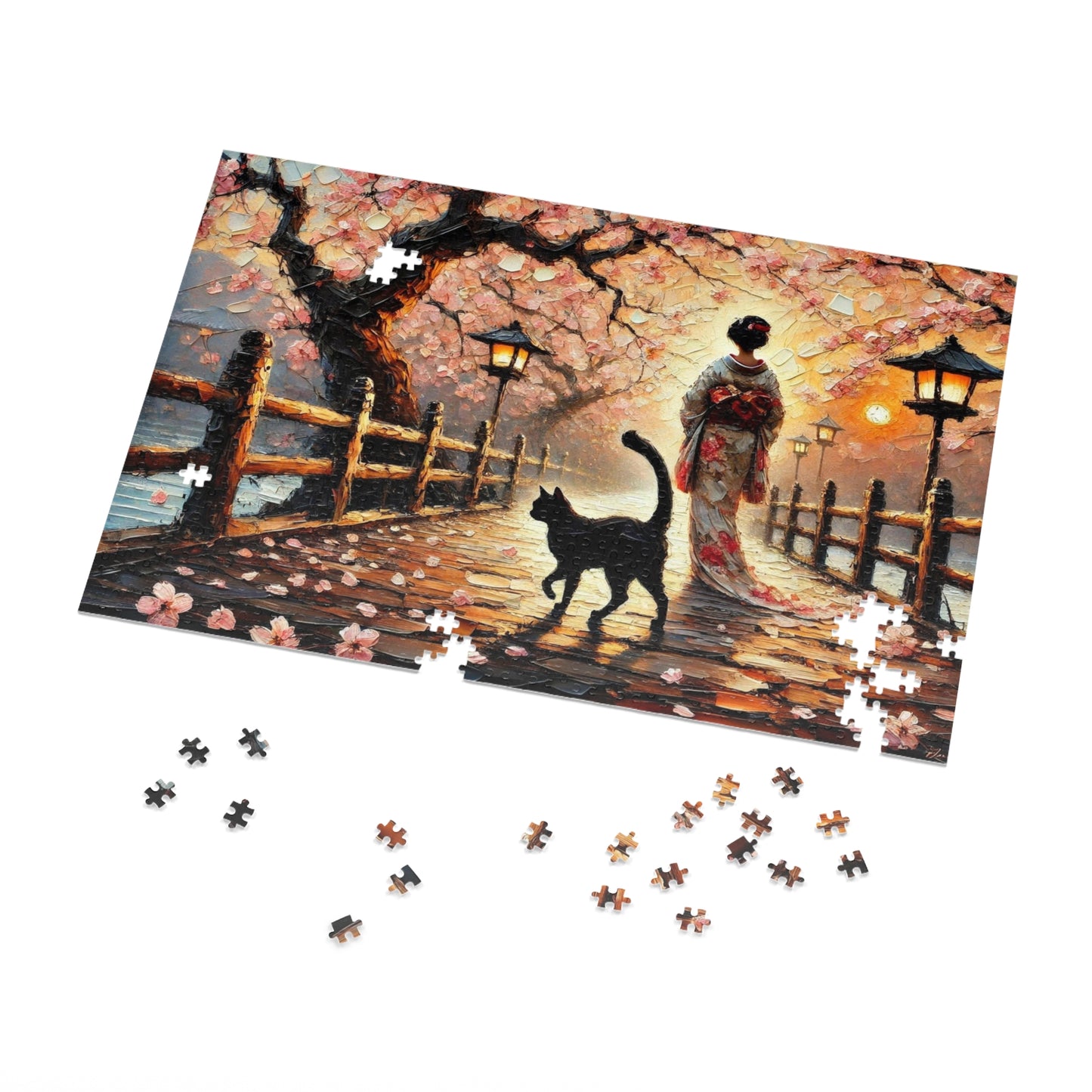 A Black Cat Strolls Along the Cherry Blossom Path