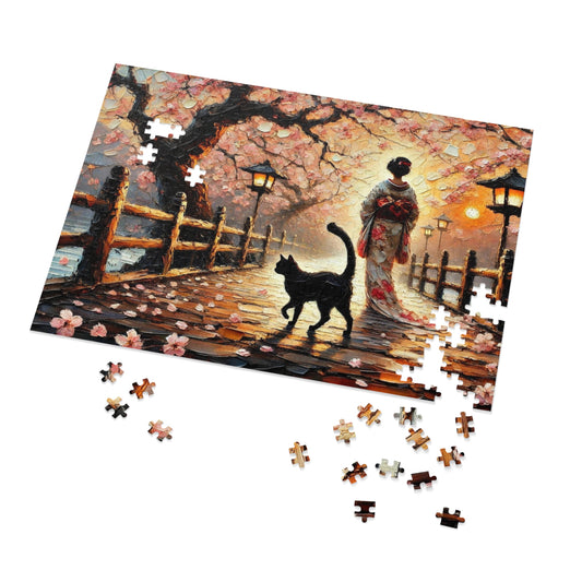 A Black Cat Strolls Along the Cherry Blossom Path
