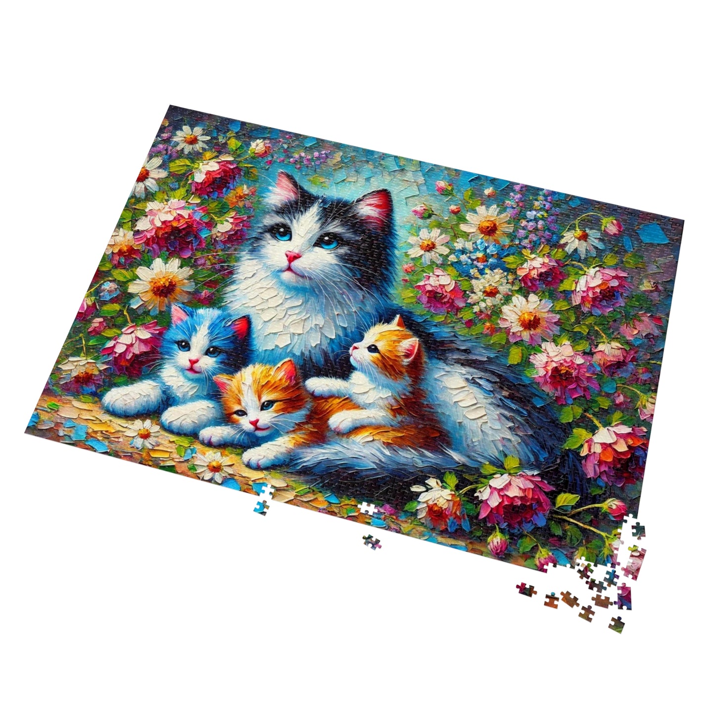 A Mother Cat and Her Kittens Snuggling in a Blooming Garden