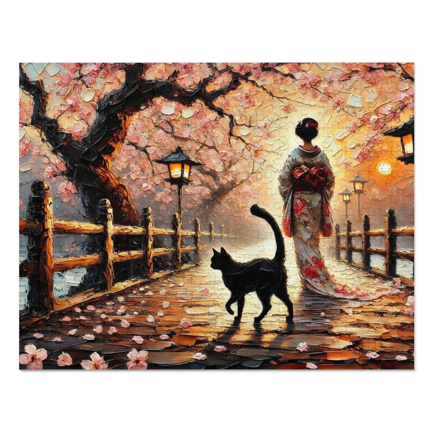 A Black Cat Strolls Along the Cherry Blossom Path