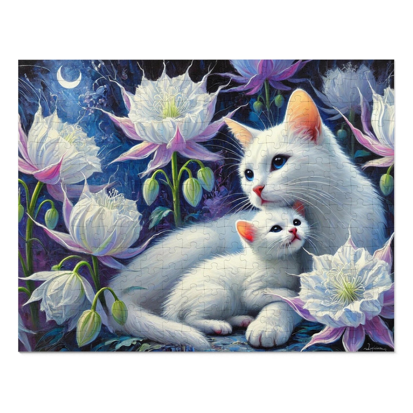 Moonlit Bond: A Family of White Cats Among Night Blooms
