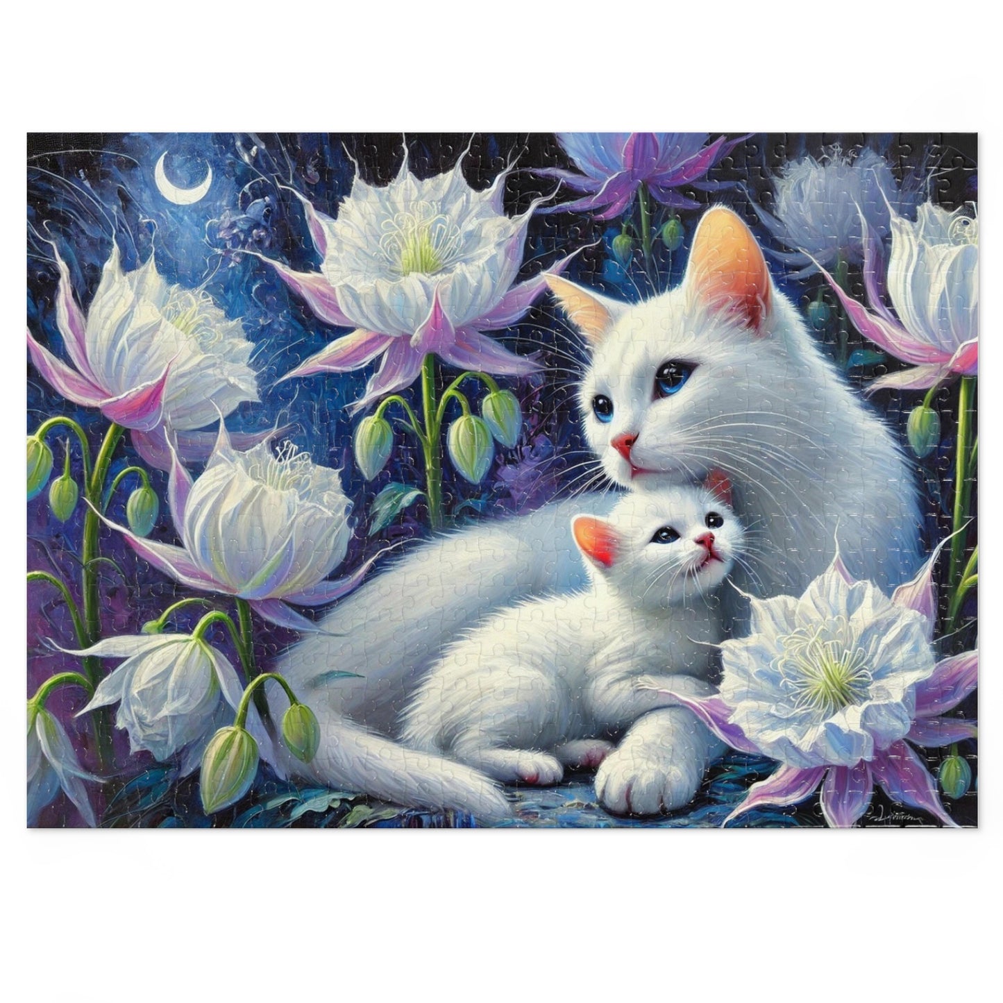 Moonlit Bond: A Family of White Cats Among Night Blooms