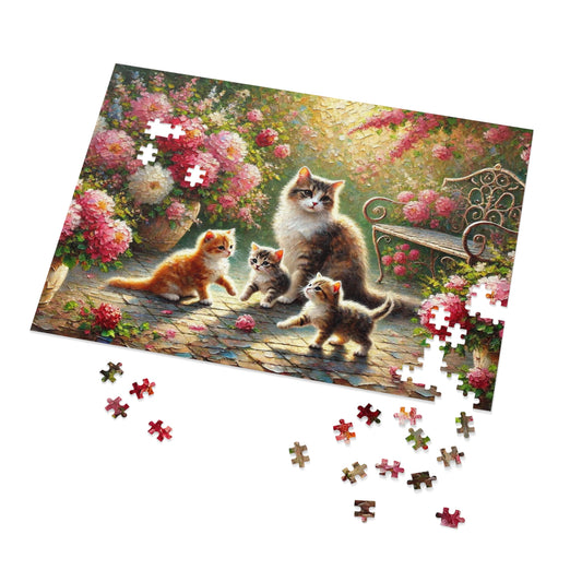 Mother cat & kittens in peony garden