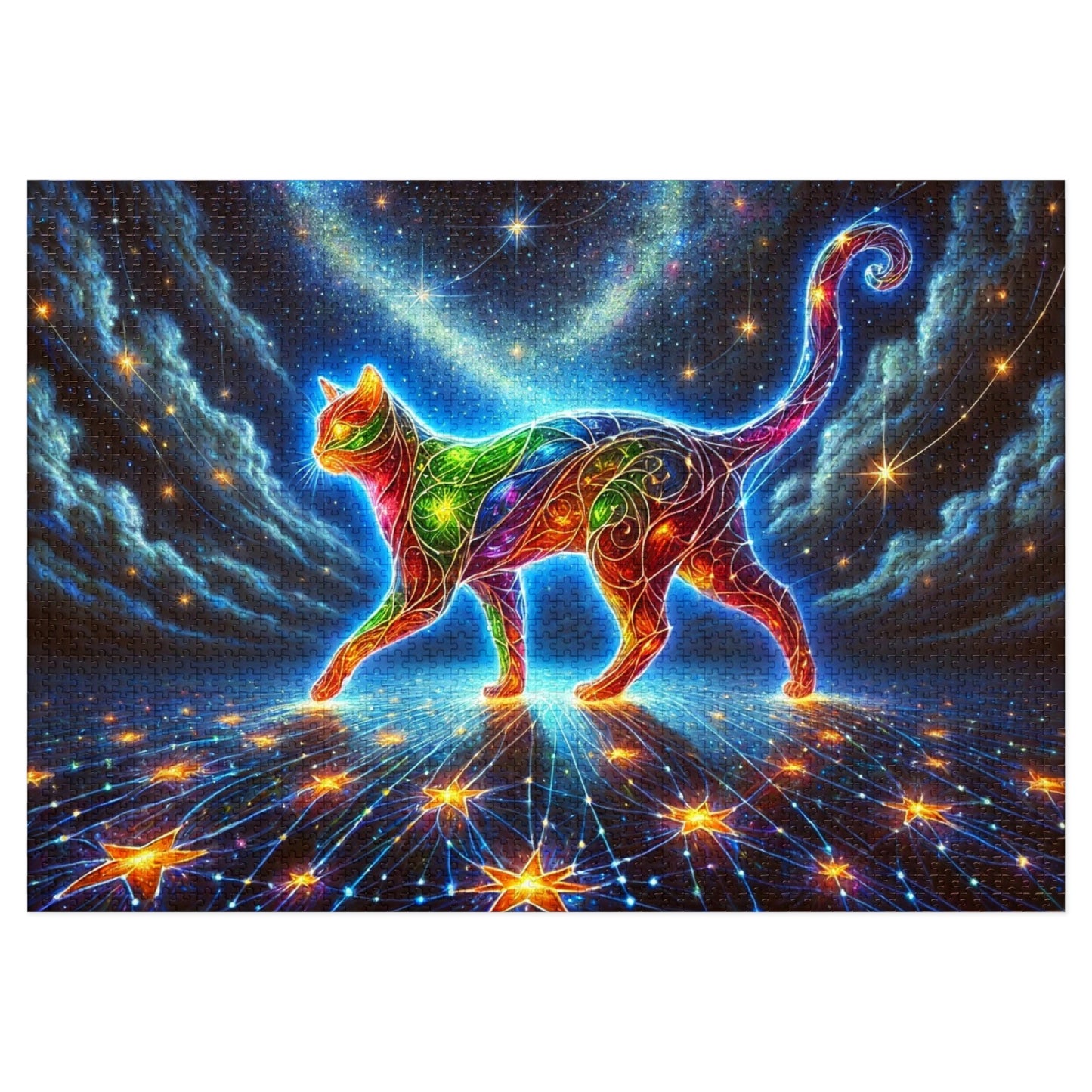 The Celestial Weaver: A Stained-Glass Cat Dancing Through the Stars