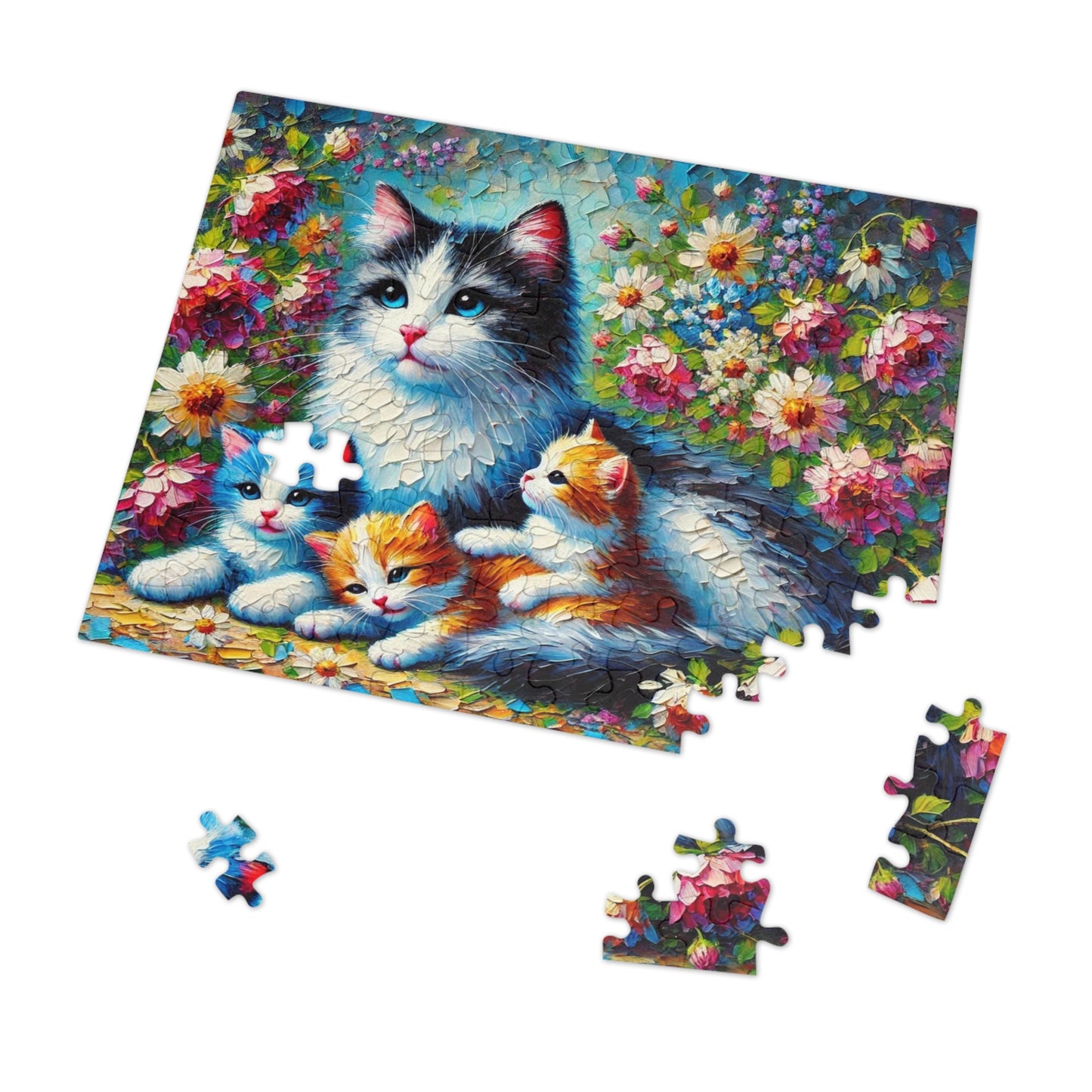 A Mother Cat and Her Kittens Snuggling in a Blooming Garden