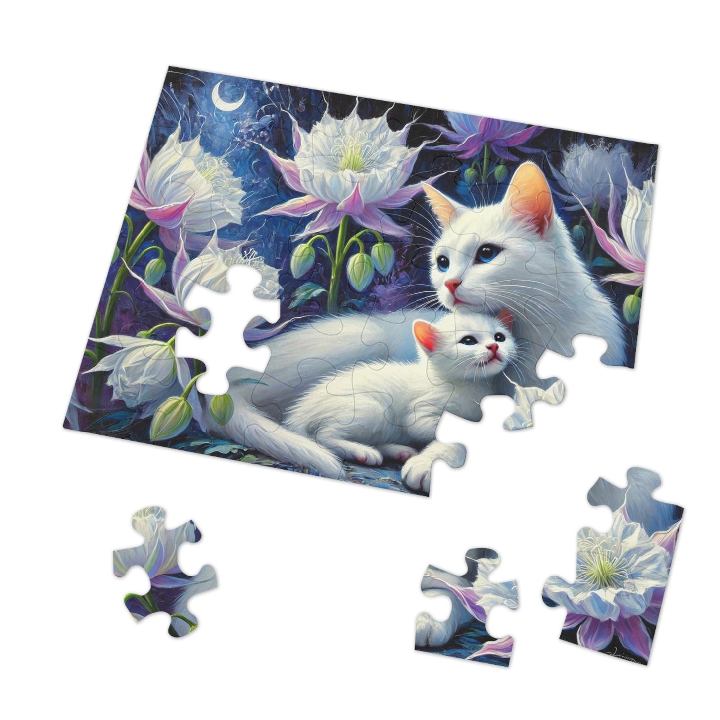 Moonlit Bond: A Family of White Cats Among Night Blooms
