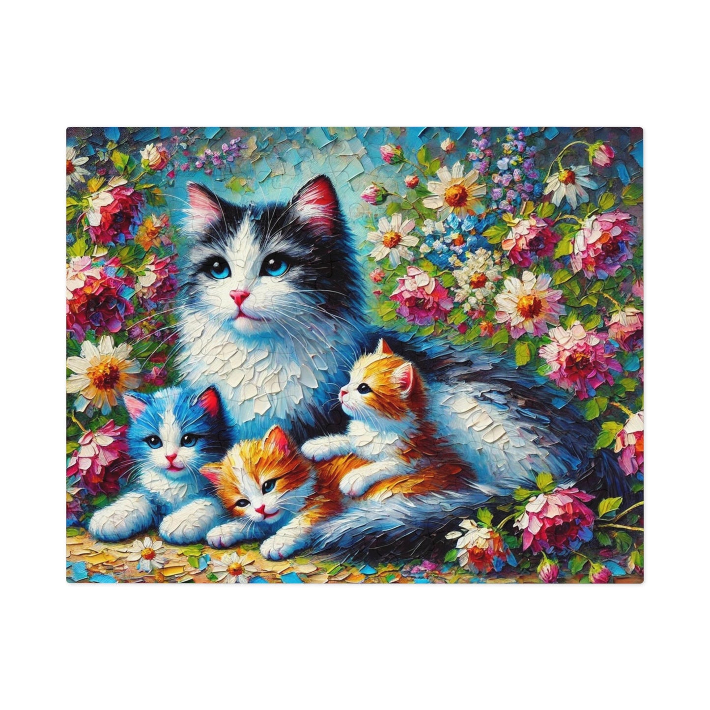 A Mother Cat and Her Kittens Snuggling in a Blooming Garden