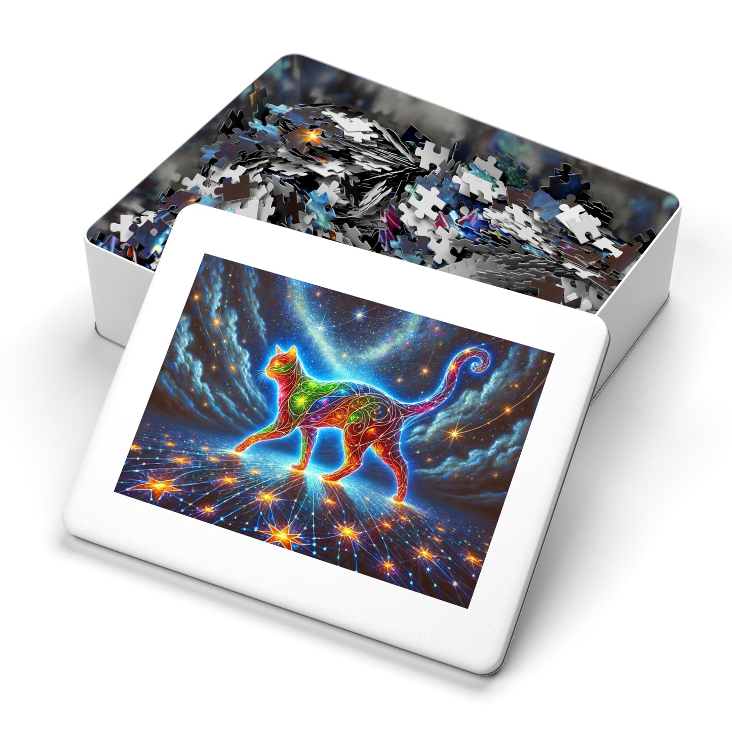 The Celestial Weaver: A Stained-Glass Cat Dancing Through the Stars