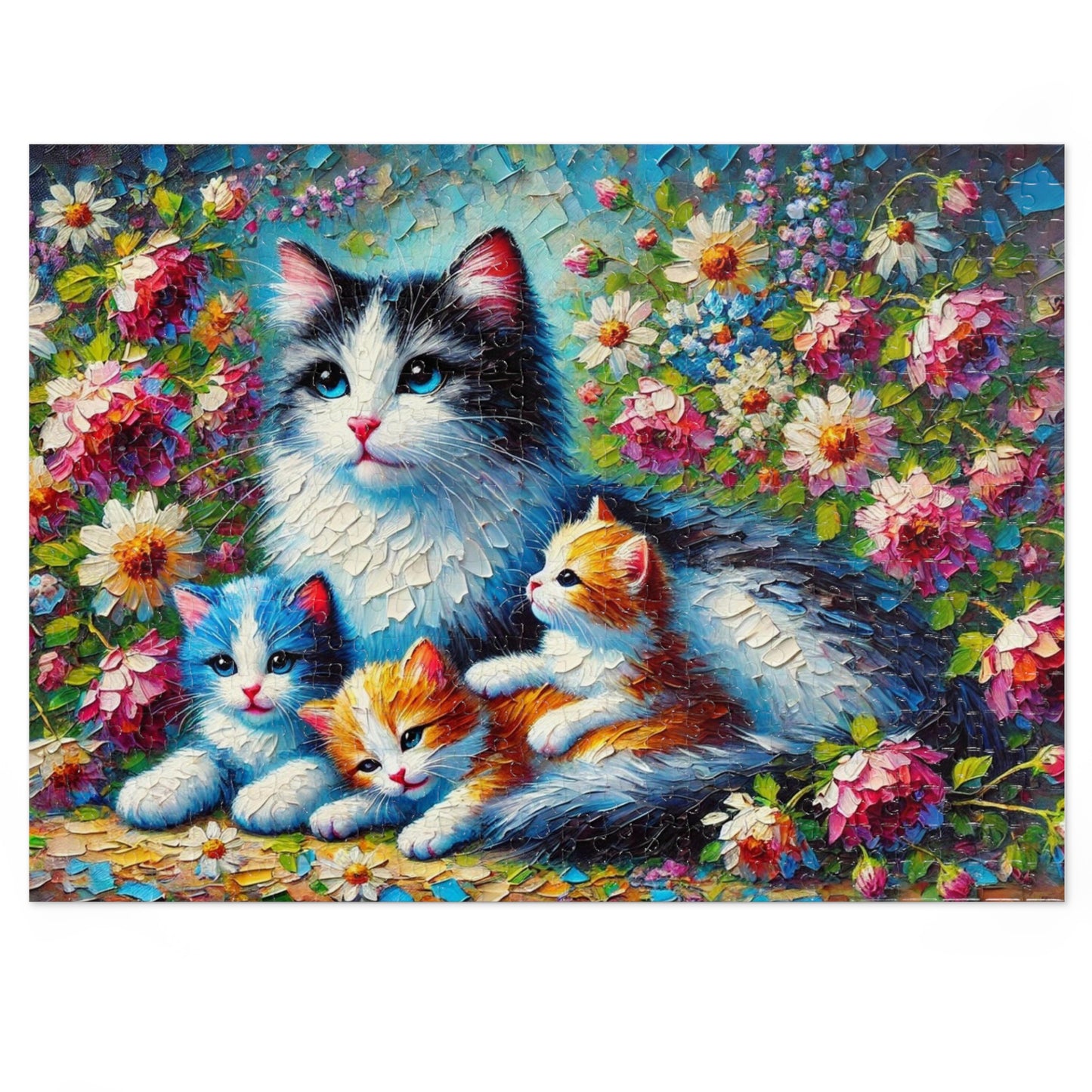 A Mother Cat and Her Kittens Snuggling in a Blooming Garden