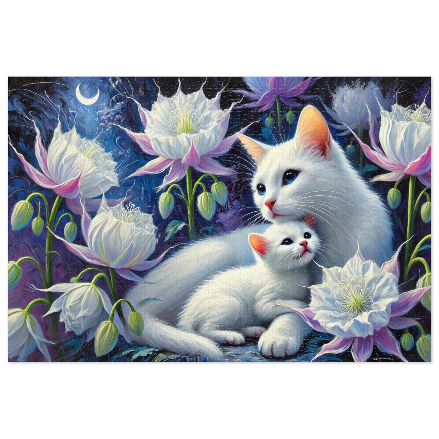 Moonlit Bond: A Family of White Cats Among Night Blooms