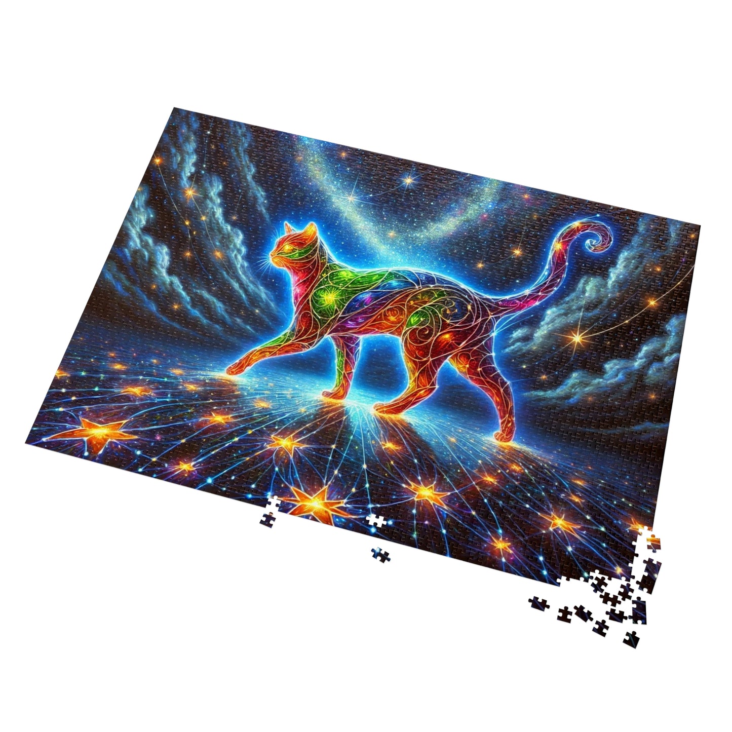 The Celestial Weaver: A Stained-Glass Cat Dancing Through the Stars
