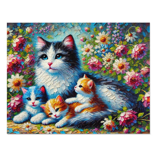 A Mother Cat and Her Kittens Snuggling in a Blooming Garden