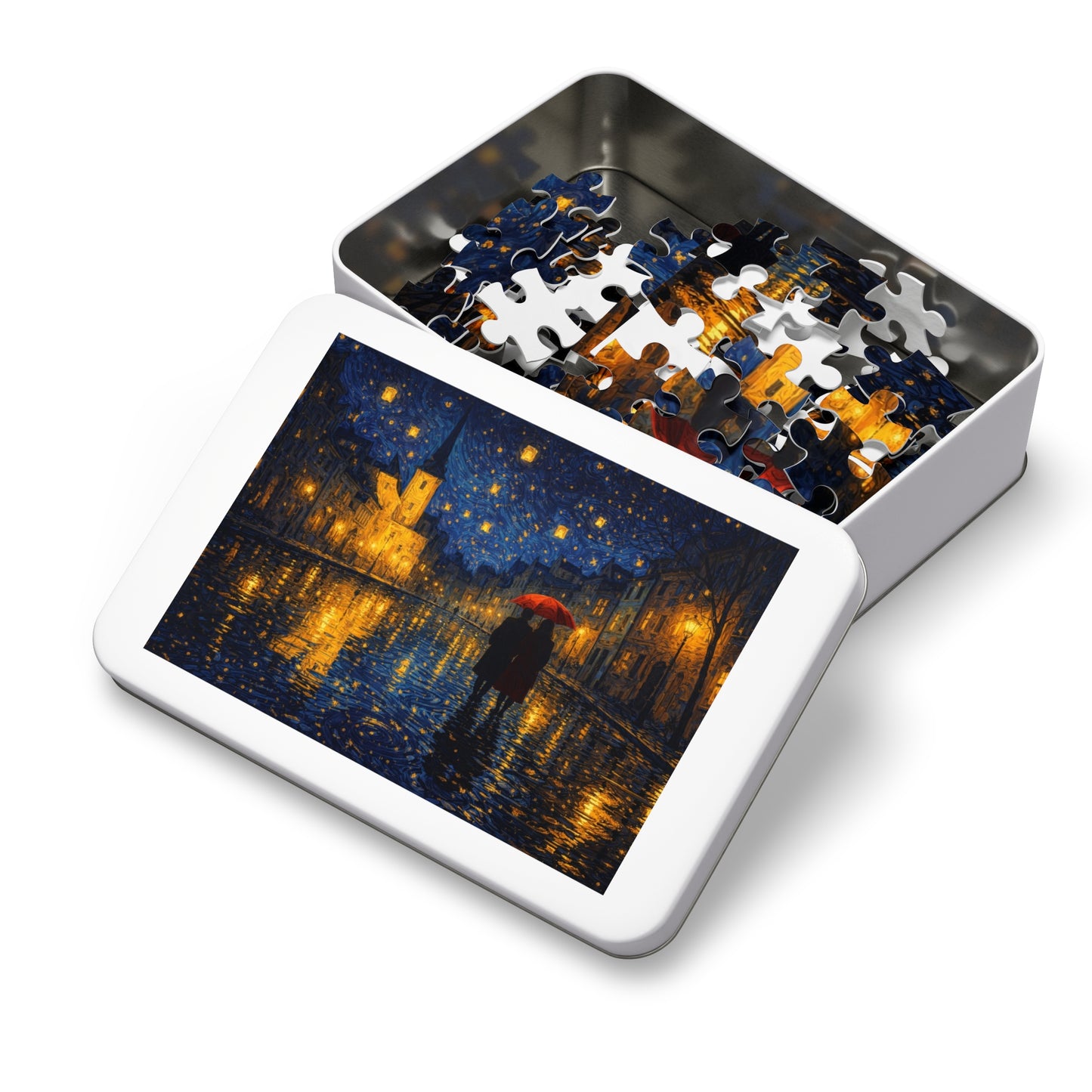 Two Beneath a Red Umbrella — Moonlit Old Town