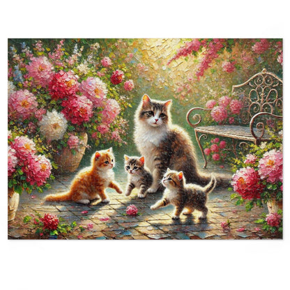 Mother cat & kittens in peony garden