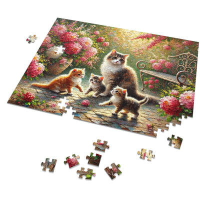 Mother cat & kittens in peony garden