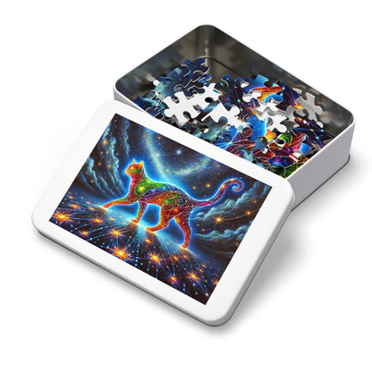 The Celestial Weaver: A Stained-Glass Cat Dancing Through the Stars