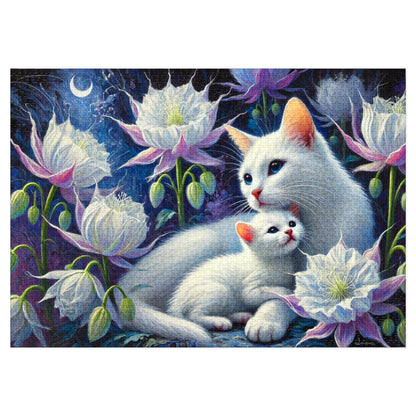 Moonlit Bond: A Family of White Cats Among Night Blooms