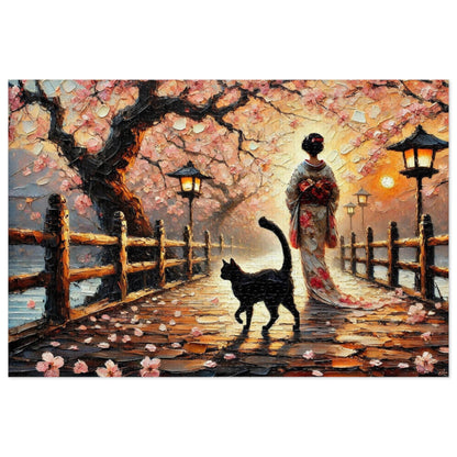 A Black Cat Strolls Along the Cherry Blossom Path