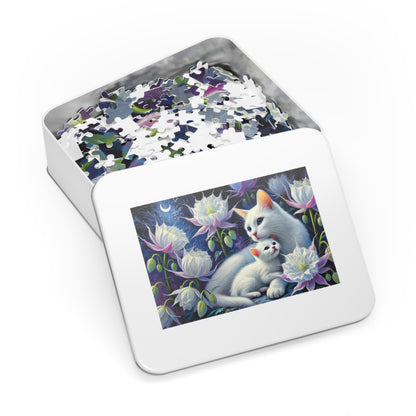 Moonlit Bond: A Family of White Cats Among Night Blooms