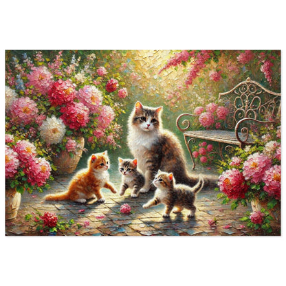 Mother cat & kittens in peony garden