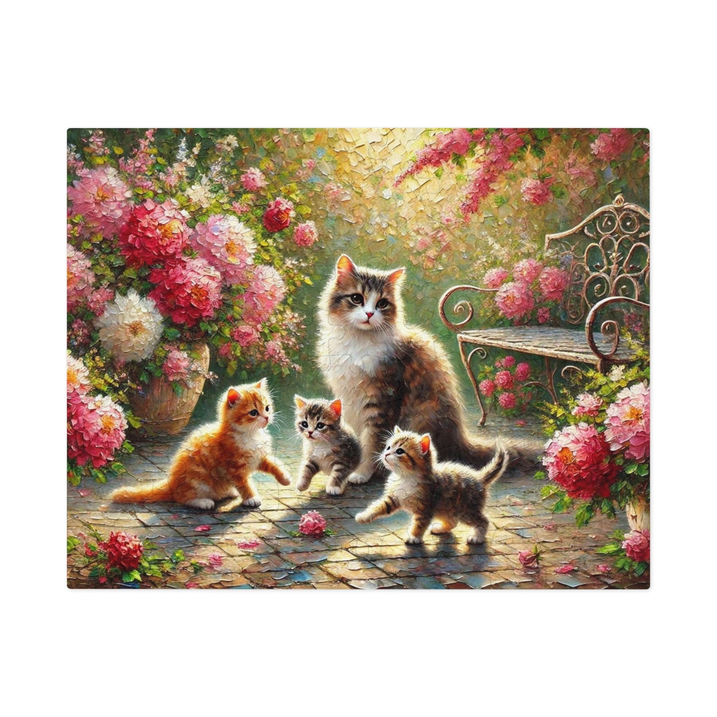 Mother cat & kittens in peony garden