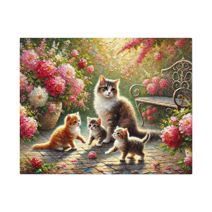Mother cat & kittens in peony garden