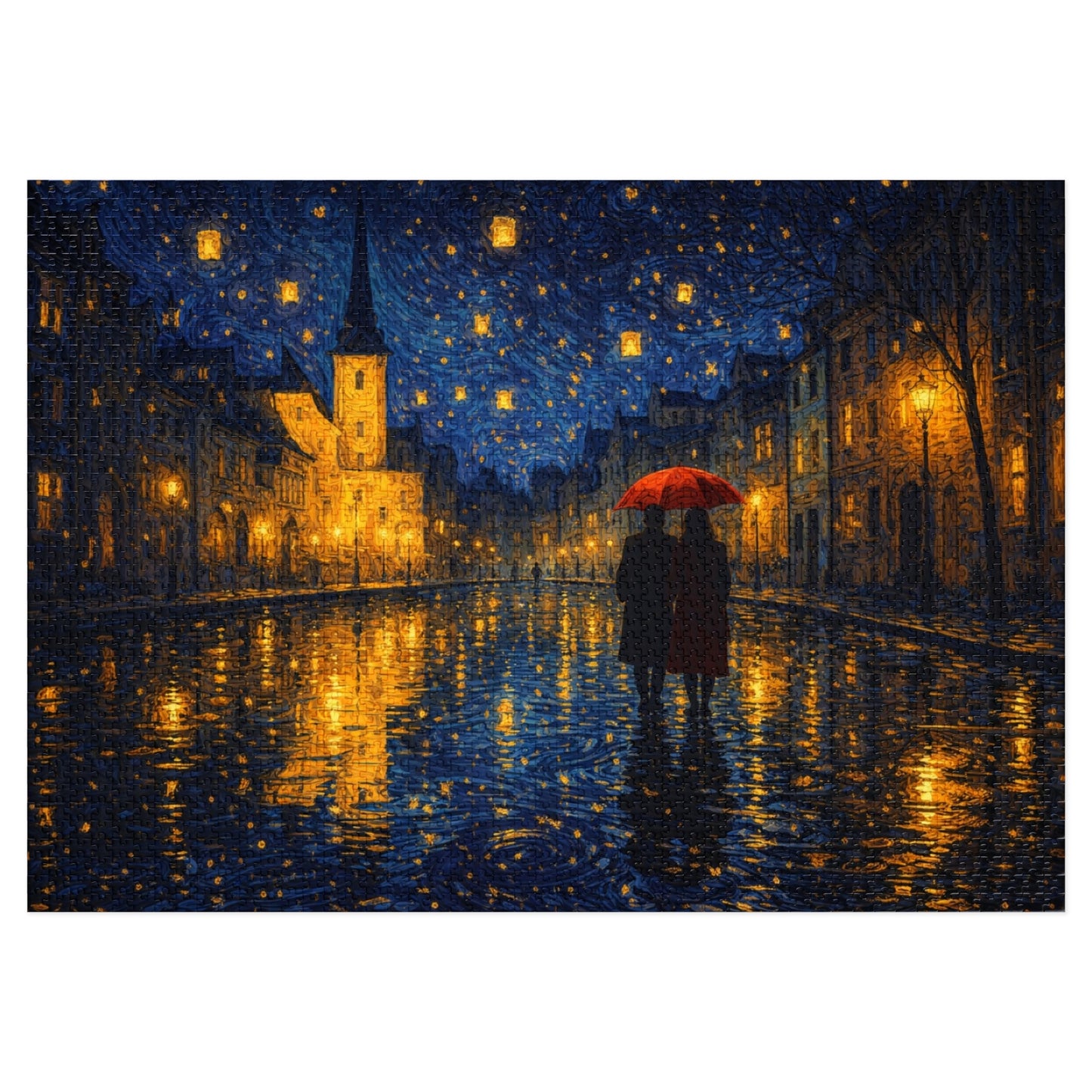 Two Beneath a Red Umbrella — Moonlit Old Town