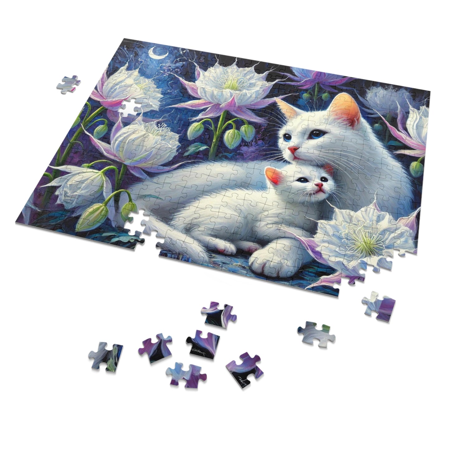 Moonlit Bond: A Family of White Cats Among Night Blooms
