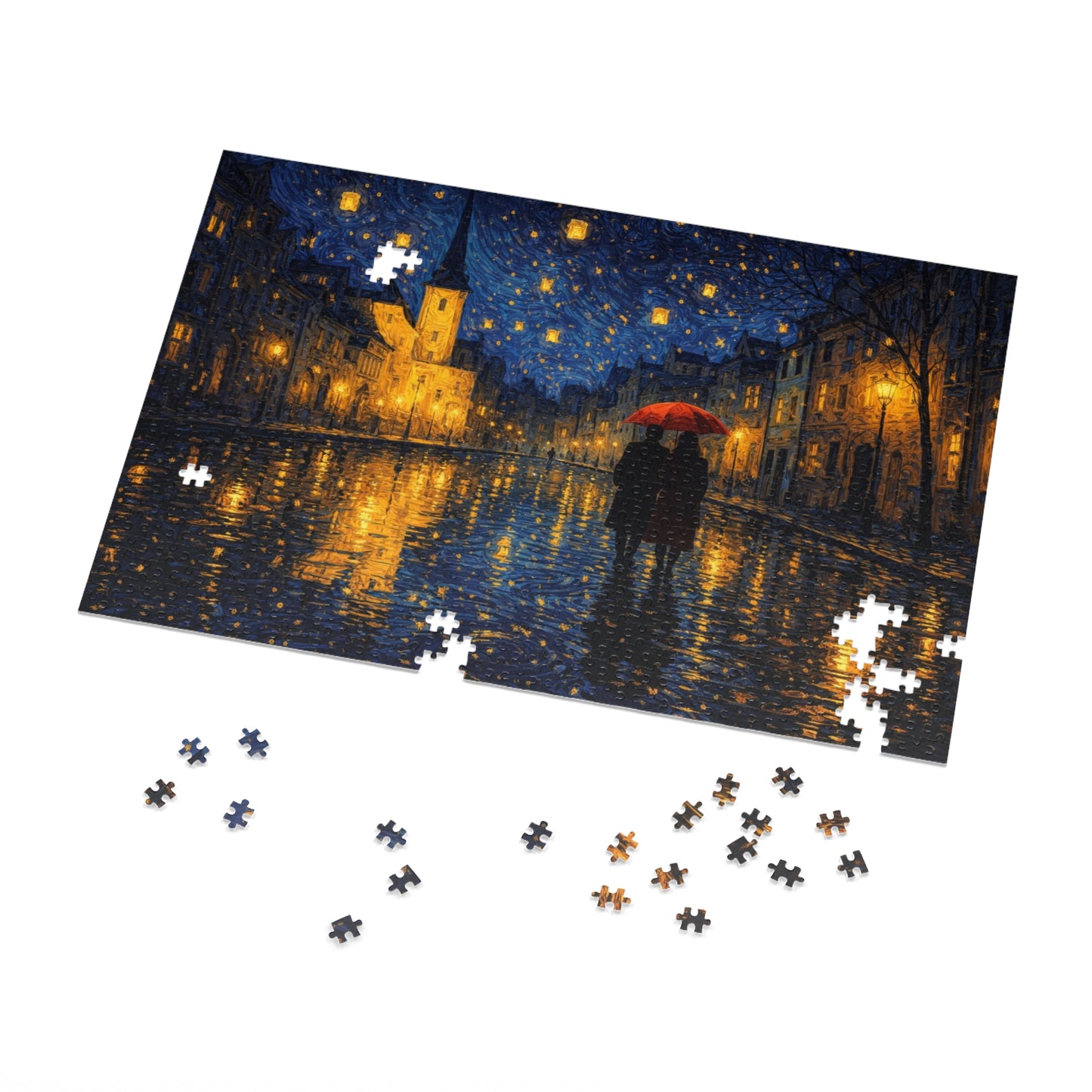 Two Beneath a Red Umbrella — Moonlit Old Town