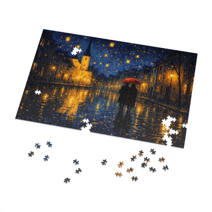 Two Beneath a Red Umbrella — Moonlit Old Town