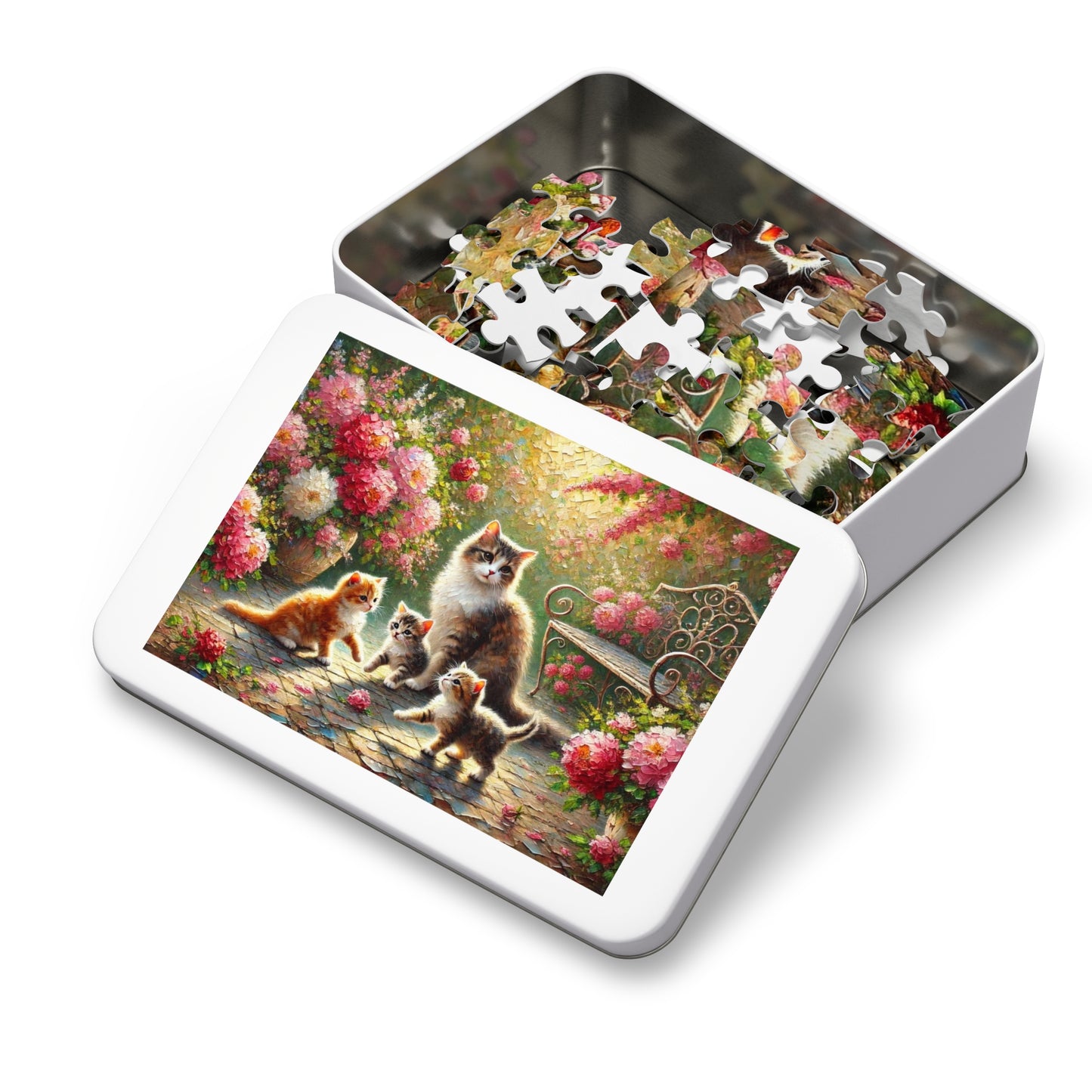 Mother cat & kittens in peony garden