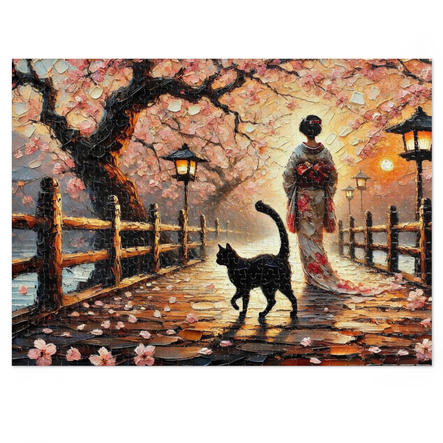 A Black Cat Strolls Along the Cherry Blossom Path